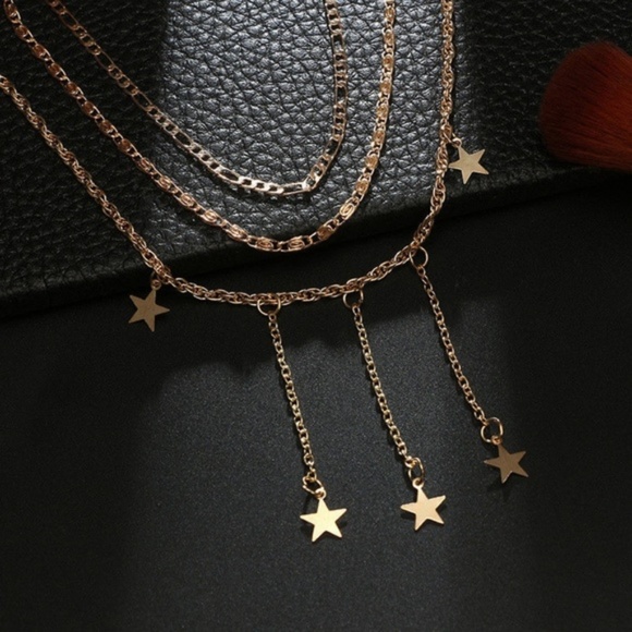 Dangling Star Layered Choker Gold Bib Necklace - Picture 5 of 7